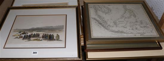 After David Roberts, two lithographs pub by F G Moon, Map and Chart of Arabia.. (1740) and two other framed maps